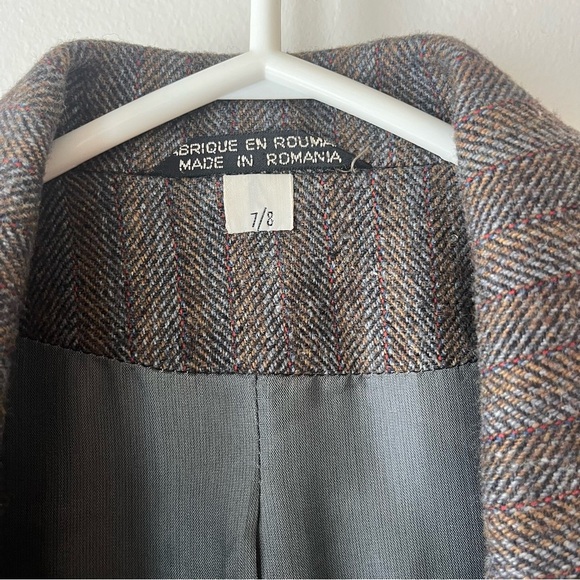 Vintage Dark Academia Herringbone Wool Blazer Skirt Suit Set 7/8 Made in Romania - Picture 2 of 16